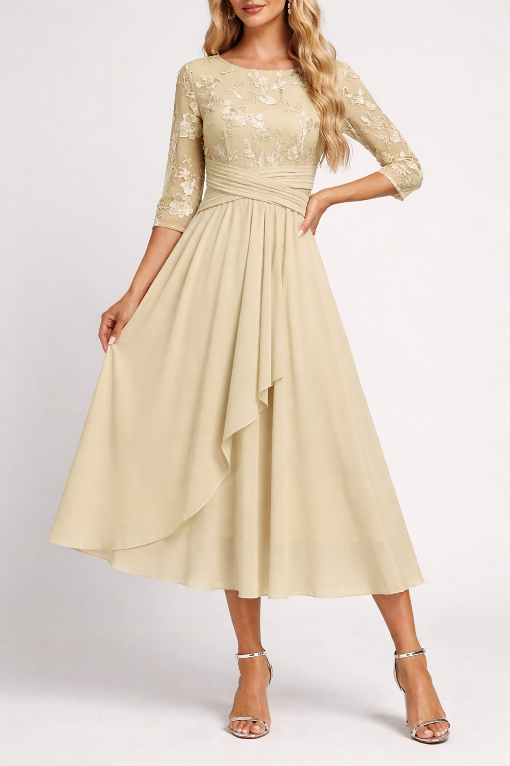 Champagne Floral Round Neck Midi Dress with Three Quarter Sleeves - Champagne / S