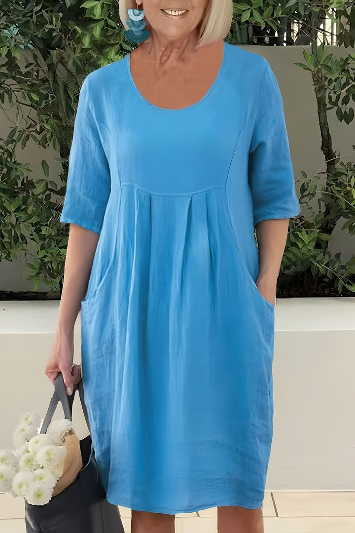 Round Neck Plus Size Midi Dress with Pockets and Half Sleeves for Summer
