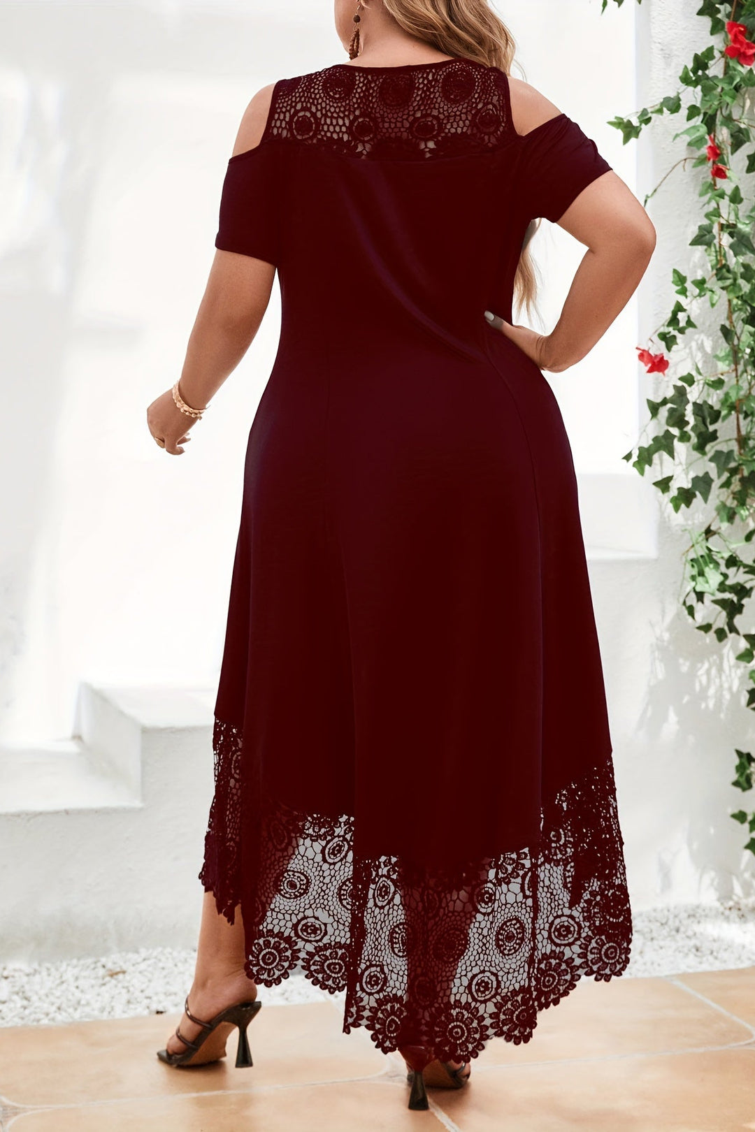 Plus Size Off Shoulder Dress with Lace Panel and Asymmetrical Hem
