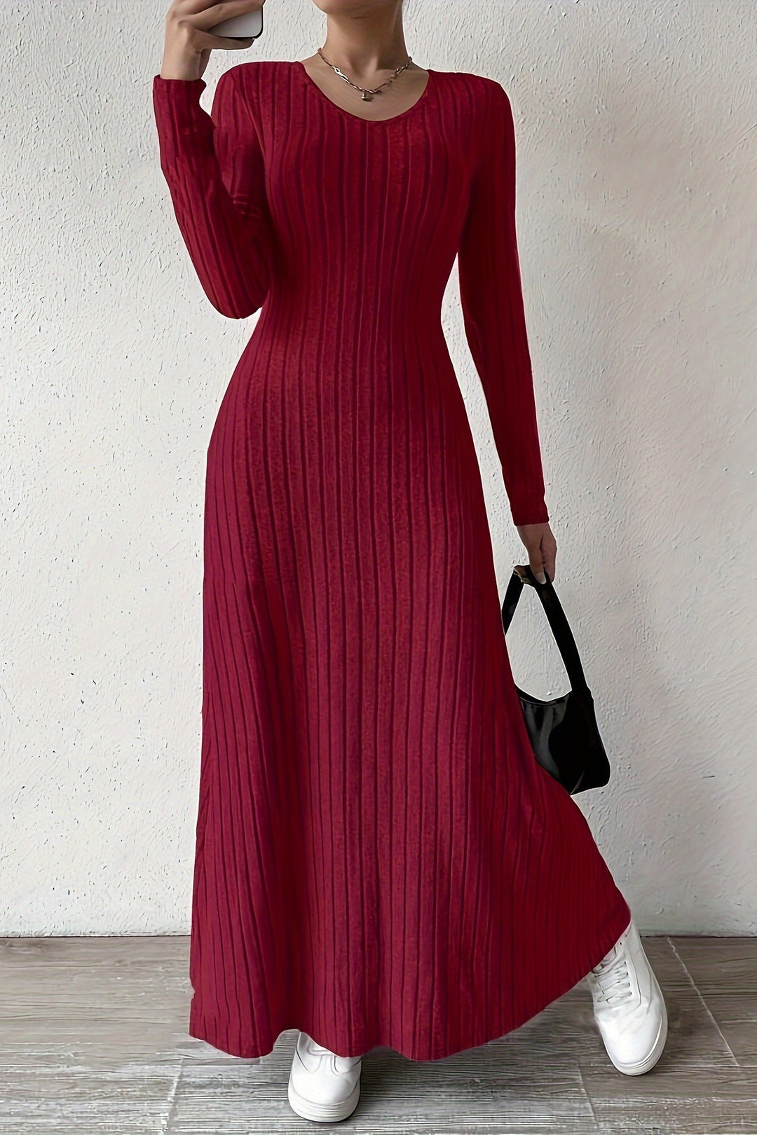 V Neck Maxi Dress with Long Sleeves and A Line Design for Fall