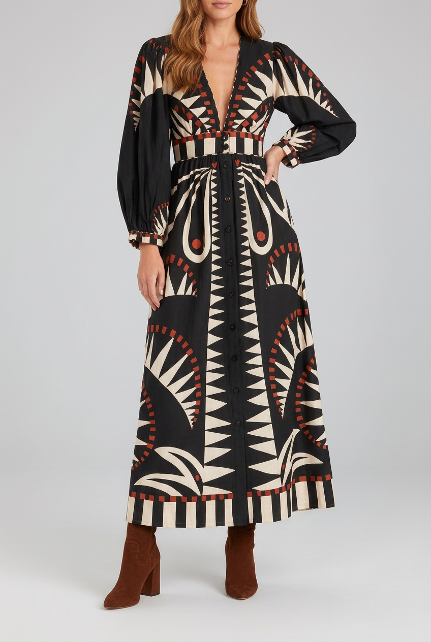 Printed Maxi Dress with V Neck and Long Sleeves