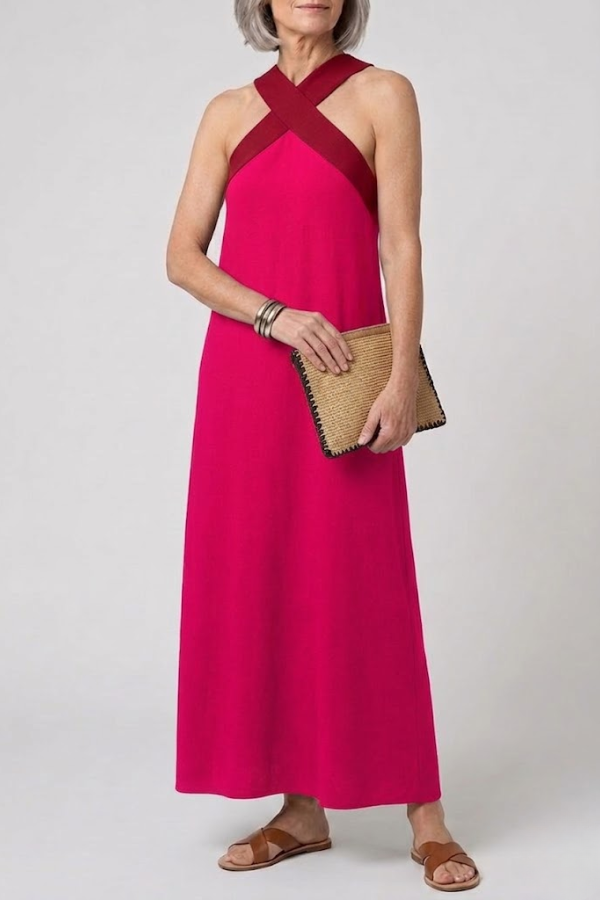 Crossed Front V Neck Maxi Dress Short Sleeve Breathable
