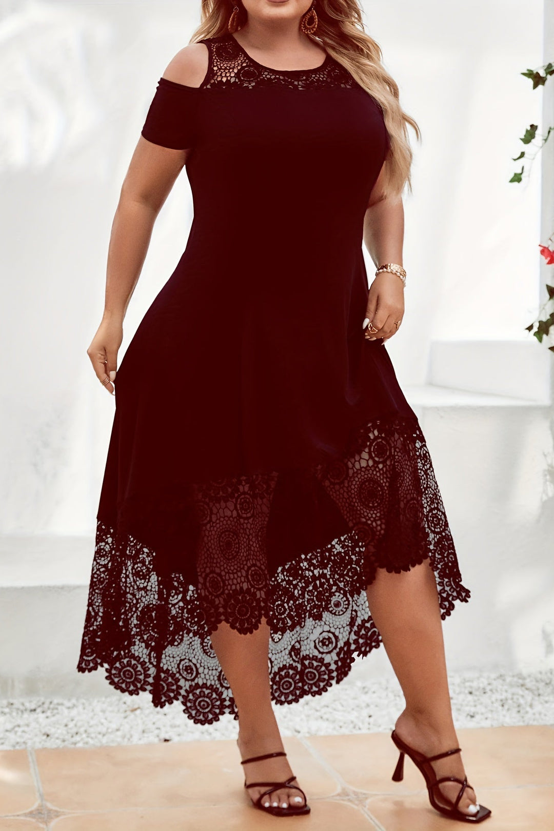 Plus Size Off Shoulder Dress with Lace Panel and Asymmetrical Hem