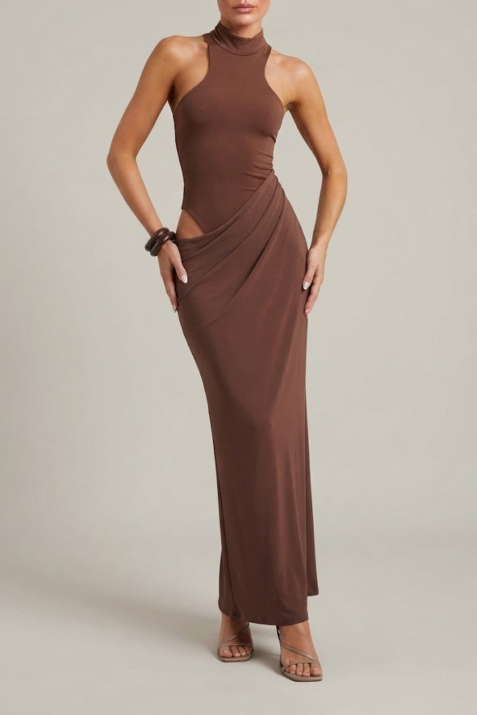 Satin Hollow Out Maxi Dress with Sleeveless High Waist Cut