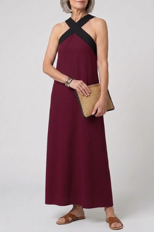 maxi dress short front Crossed Front V Neck Maxi Dress Short Sleeve Breathable - Purple / S