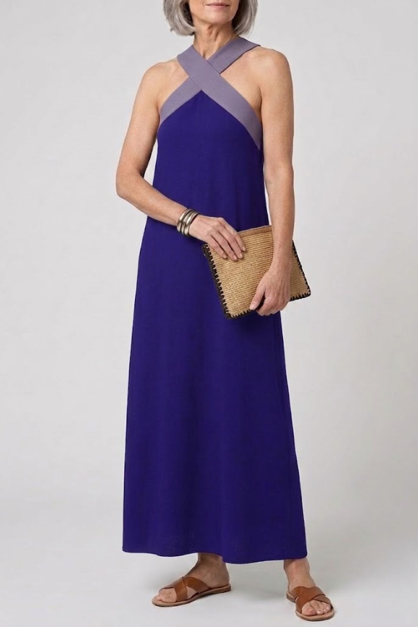 Crossed Front V Neck Maxi Dress Short Sleeve Breathable