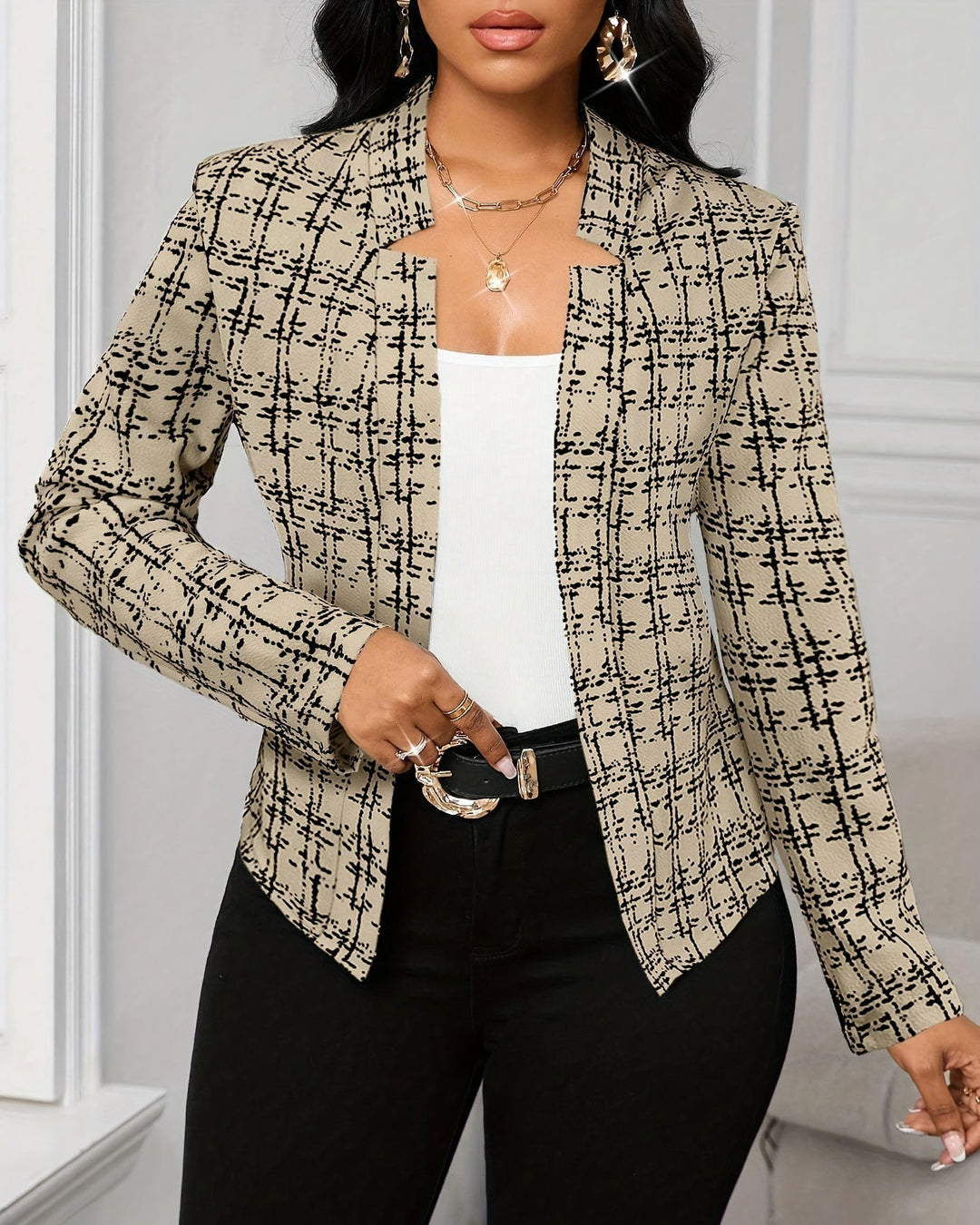 Plaid Blazer with a Structured Stand Collar for Women