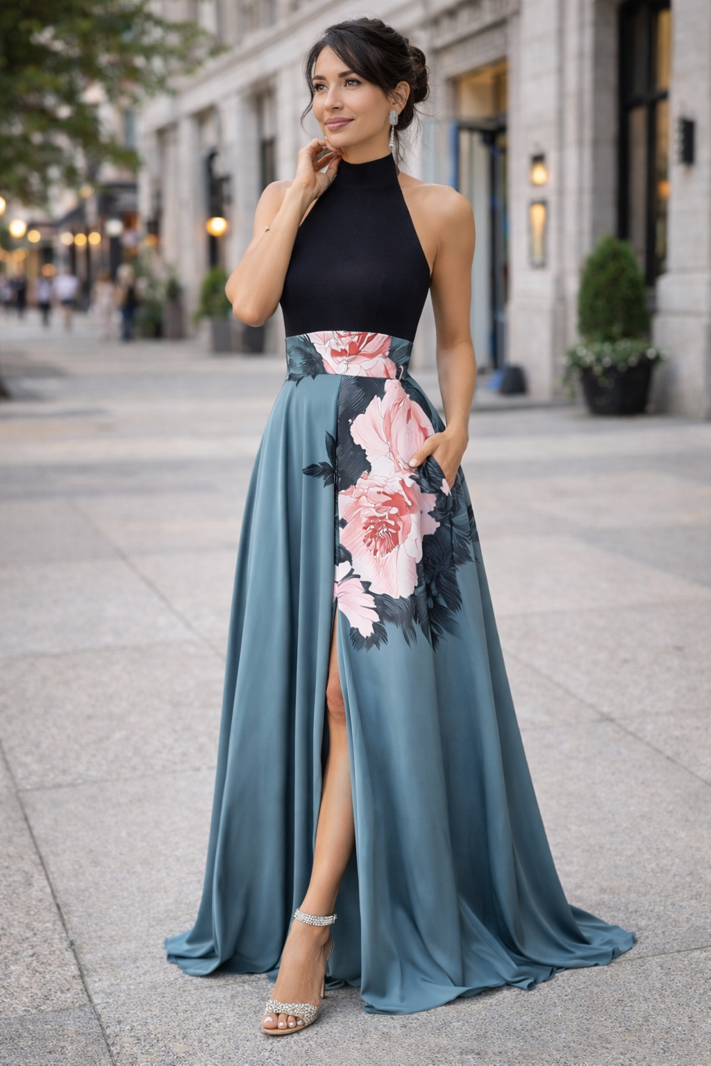 A-Line Maxi Dress With Slit Flowers
