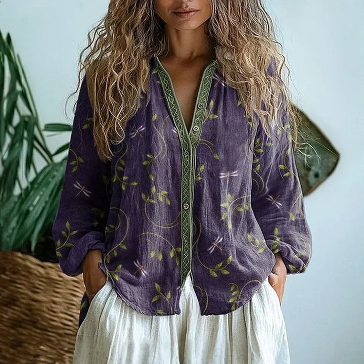 Relaxed Blouse with Nature Print and Short Sleeves