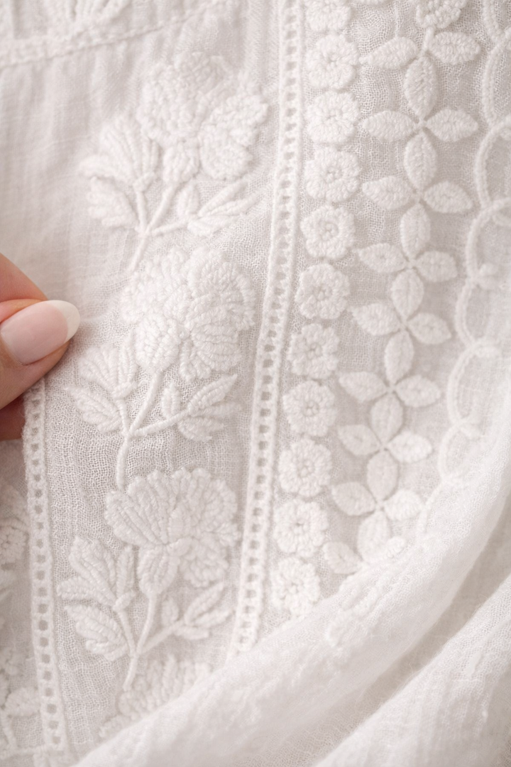 Close-up of white embroidered fabric with a hand holding it.