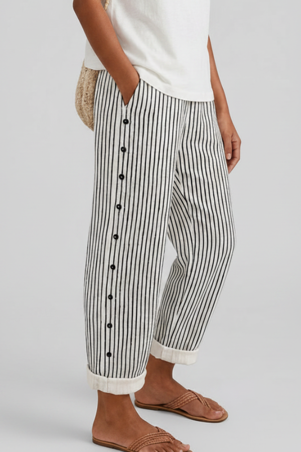 Womens Striped Wide Leg Trousers Button Detail Relaxed Fit