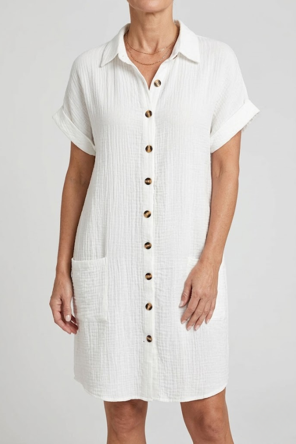 V Neck Mini Dress Three Quarter Sleeve Cotton Linen Blend
