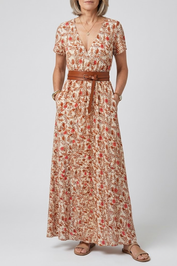 Floral Pleated Midi Dress V Neck Puff Sleeve Belted