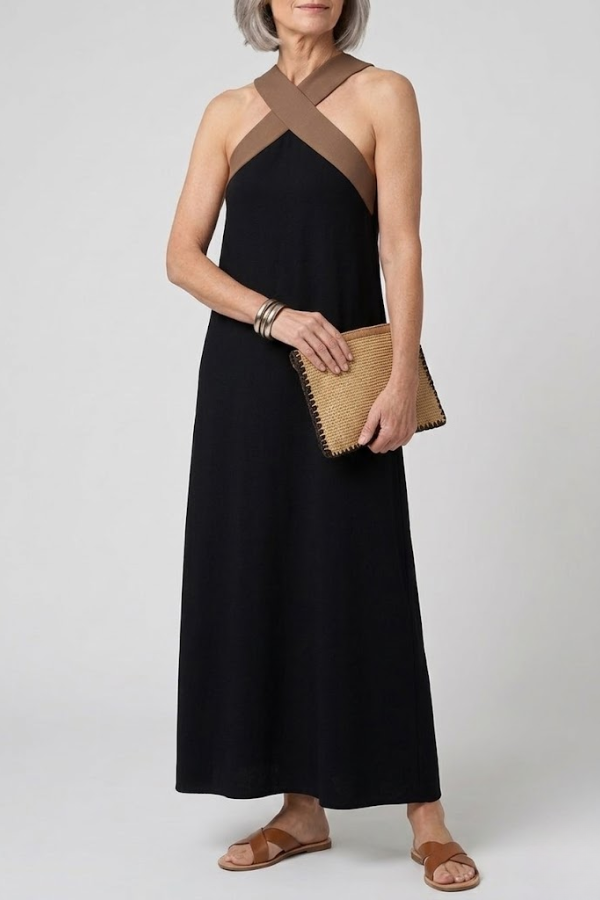 Crossed Front V Neck Maxi Dress Short Sleeve Breathable
