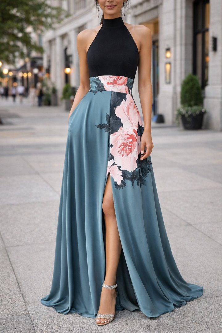 A-Line Maxi Dress With Slit Flowers