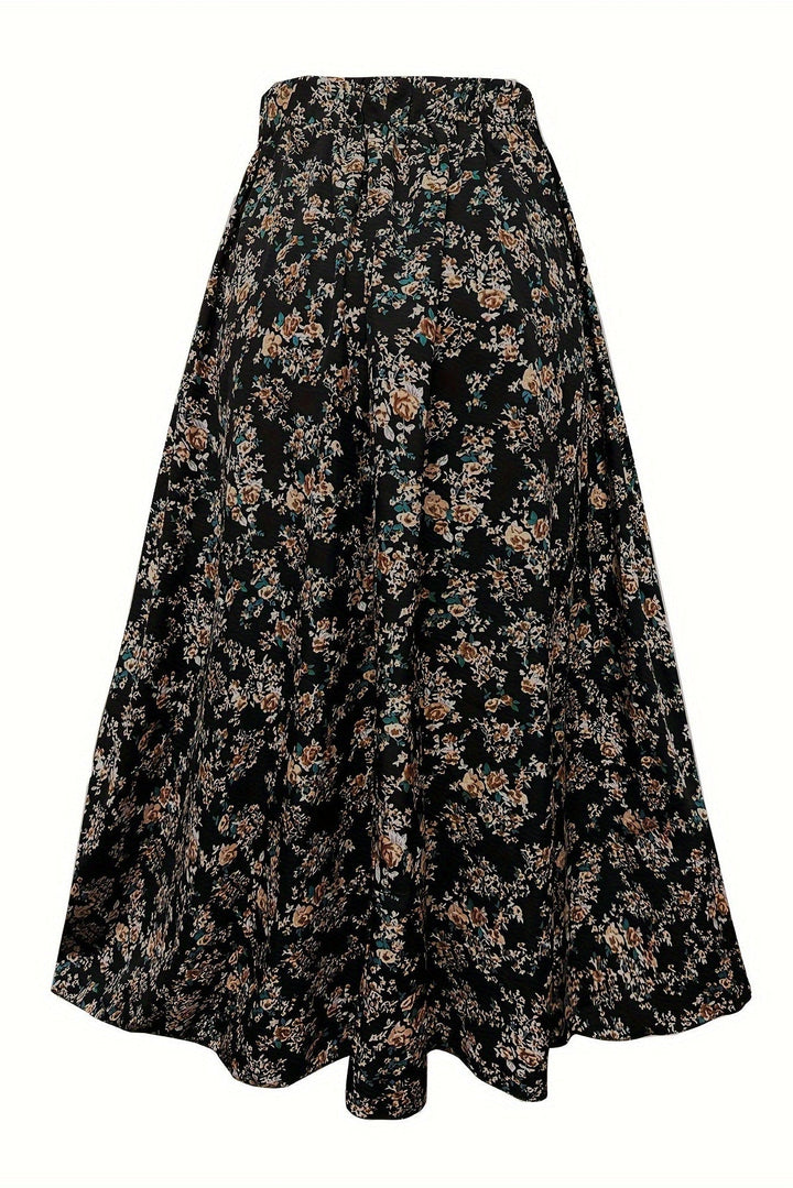 Floral Print Plus Size Flared Skirt with Stretch Waist for Everyday Wear