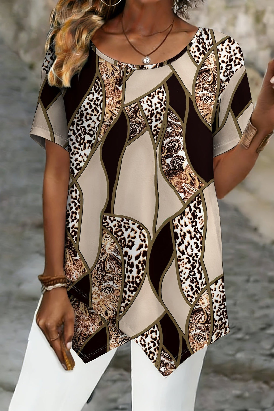 Marble Print Plus Size T Shirt with Asymmetrical Crossover Hem for Women