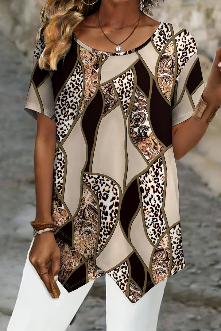 Marble Print Plus Size T Shirt with Asymmetrical Crossover Hem for Women