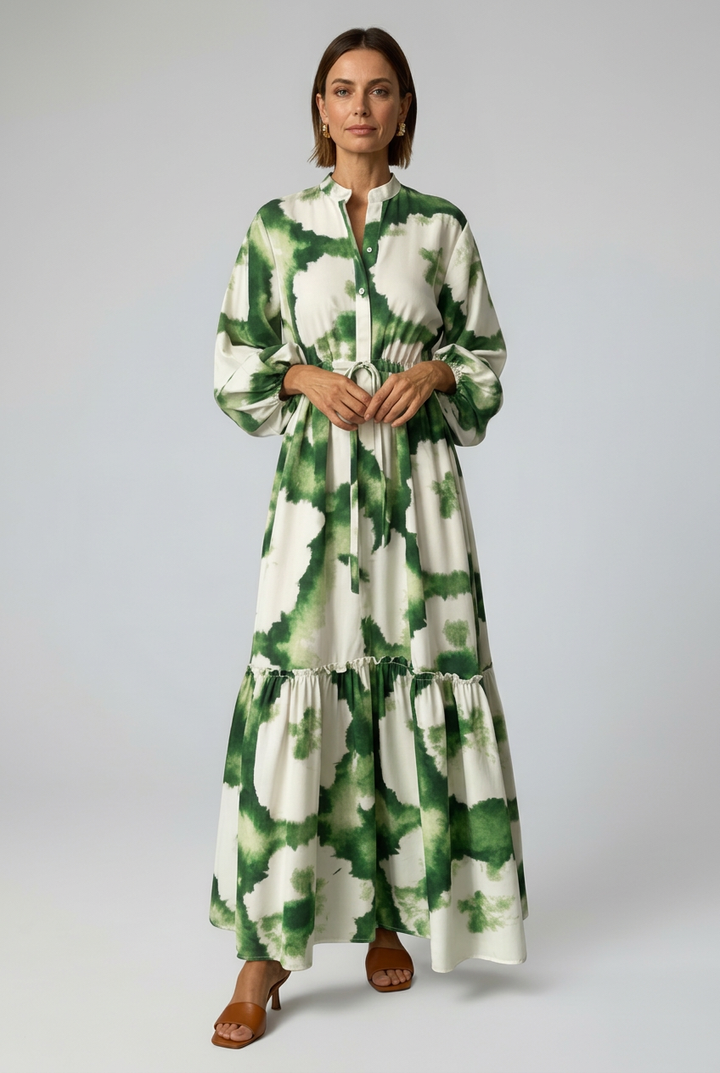 Printed Maxi Dress with V Neck and Long Sleeves