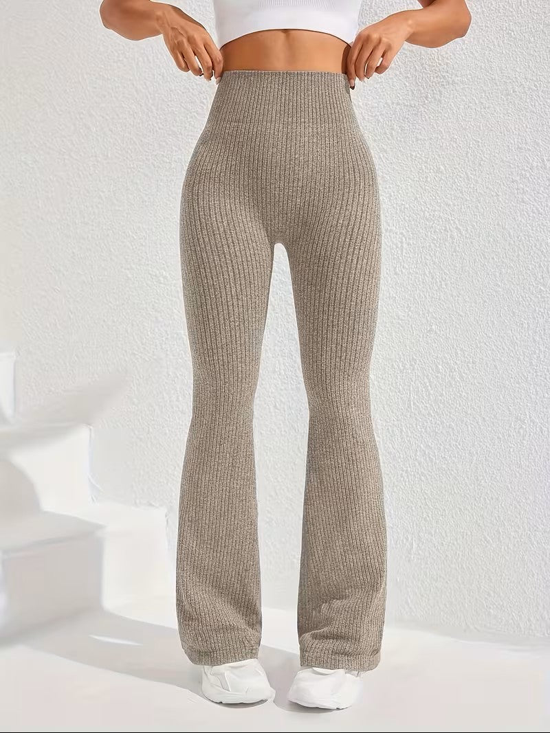 High Waist Flare Pants with Tummy Control and Ribbed Texture for Women