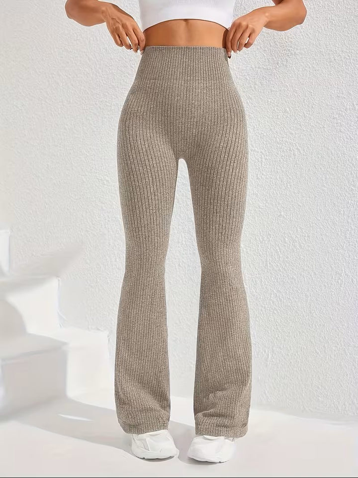 High Waist Flare Pants with Tummy Control and Ribbed Texture for Women