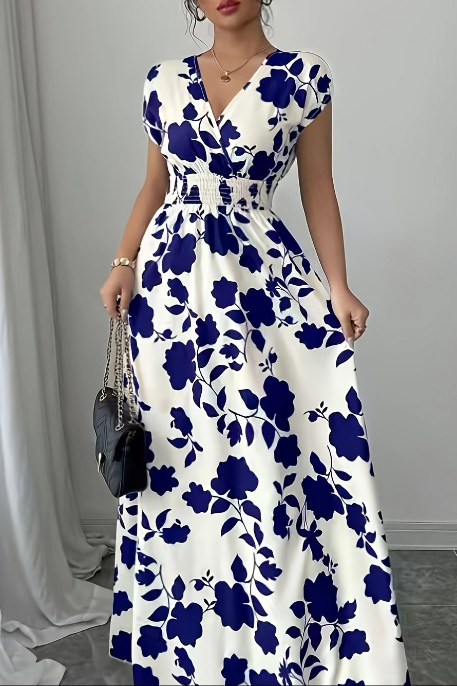 Leaf Print Maxi Dress with V Neck and Flared Skirt for Summer