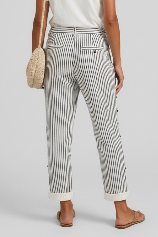 Womens Striped Wide Leg Trousers Button Detail Relaxed Fit
