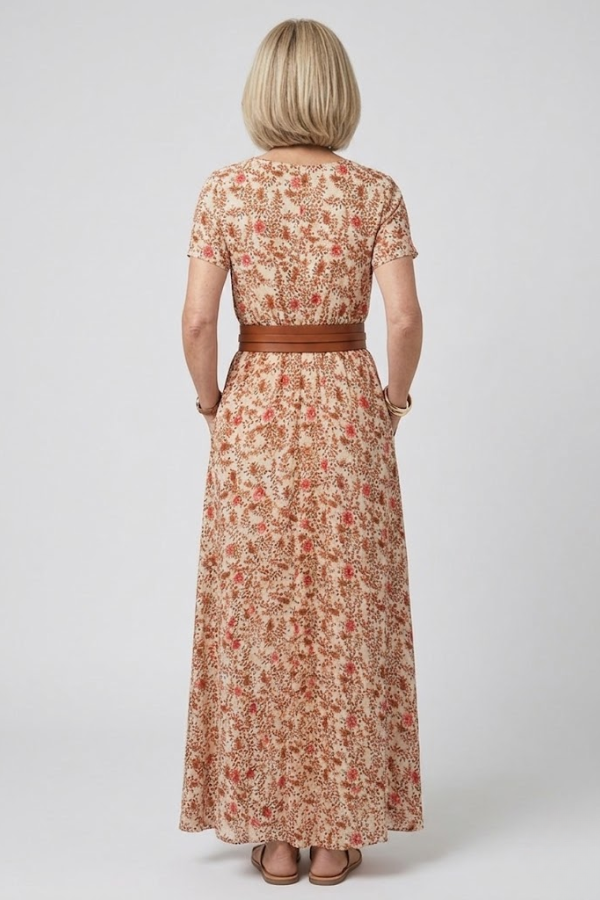 Floral Pleated Midi Dress V Neck Puff Sleeve Belted