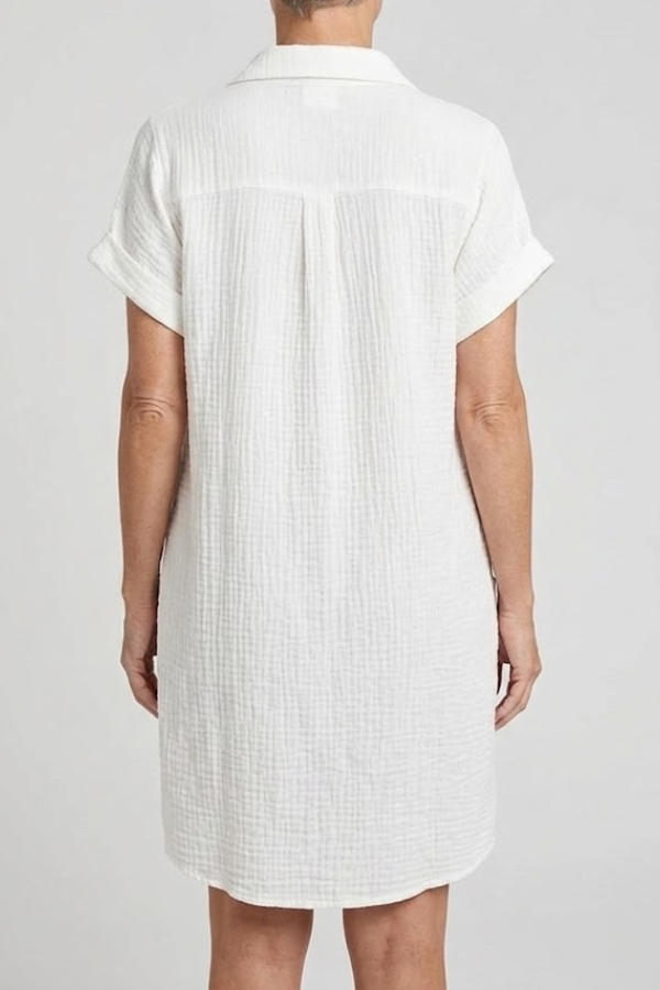 V Neck Mini Dress Three Quarter Sleeve Cotton Linen Blend