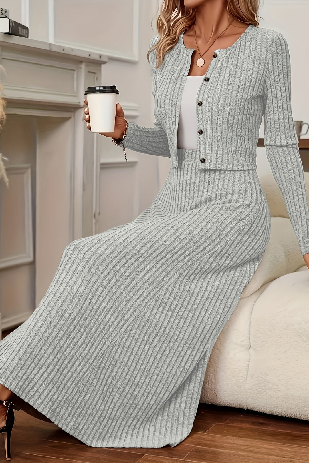 Long Sleeve Cardigan and A-Line Maxi Dress Set for Women