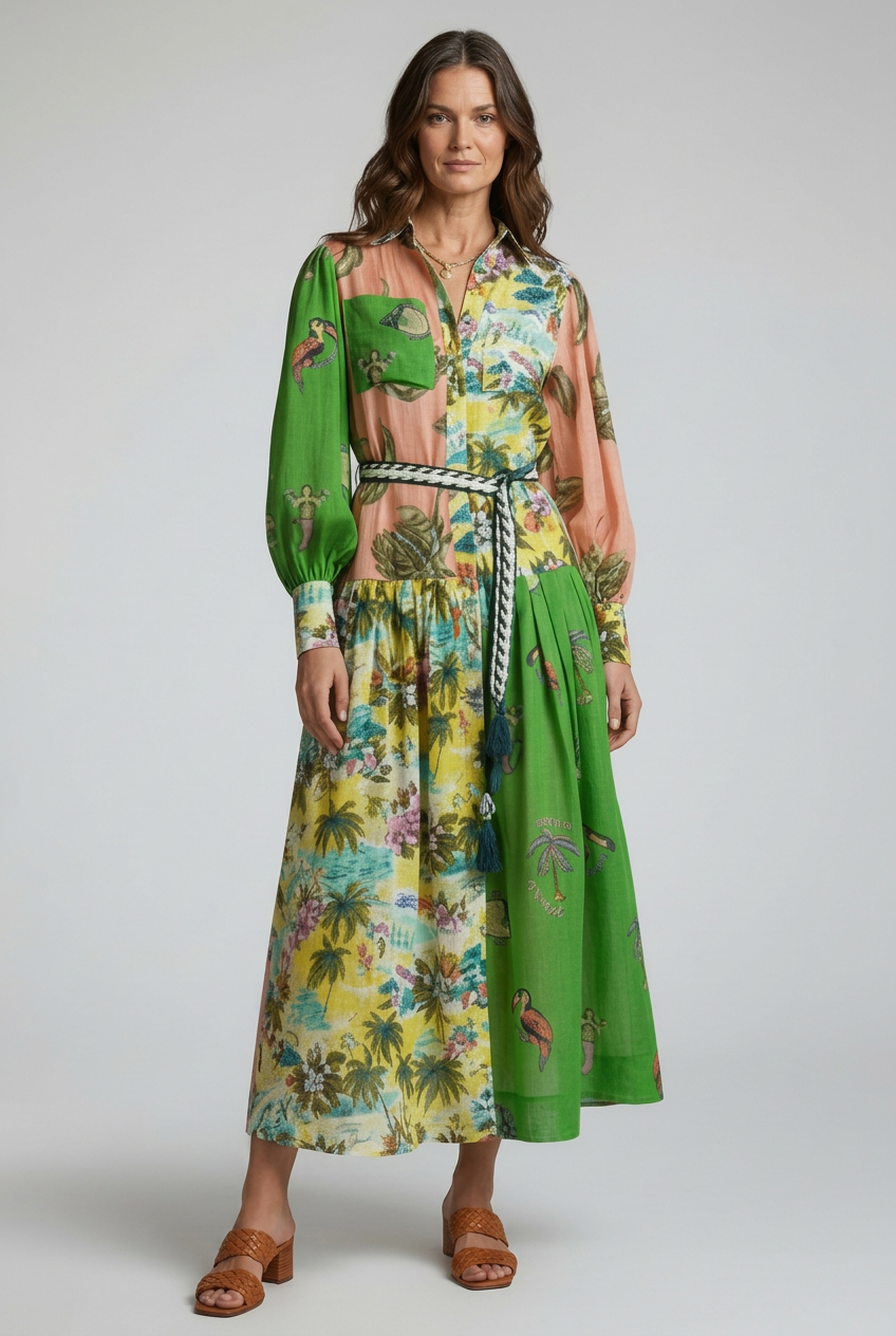 Printed Maxi Dress with V Neck and Long Sleeves