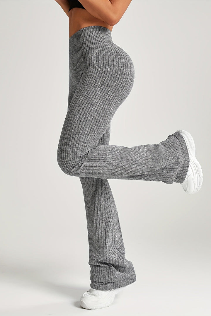 High Waist Flare Pants with Tummy Control and Ribbed Texture for Women