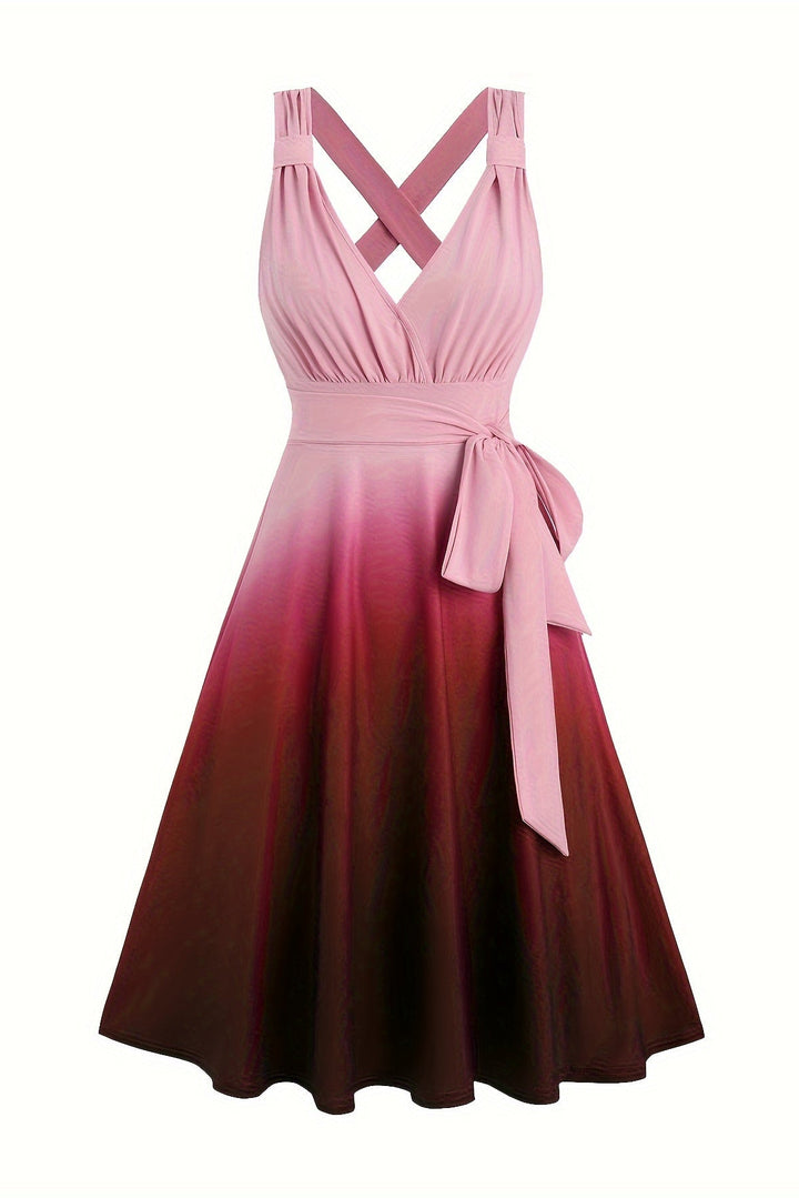 Gradient Print A Line Dress with V Neck and Ruched Bust