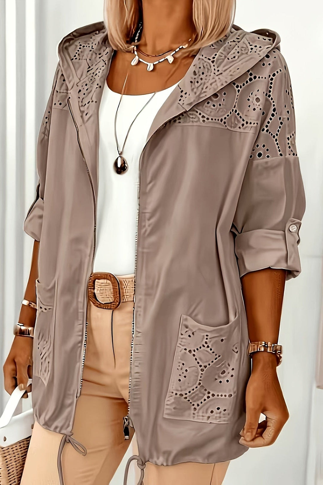 Hooded Plus Size Jacket with Lace Patchwork and Drawstring for Spring Fall