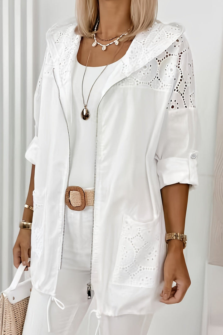 Hooded Plus Size Jacket with Lace Patchwork and Drawstring for Spring Fall