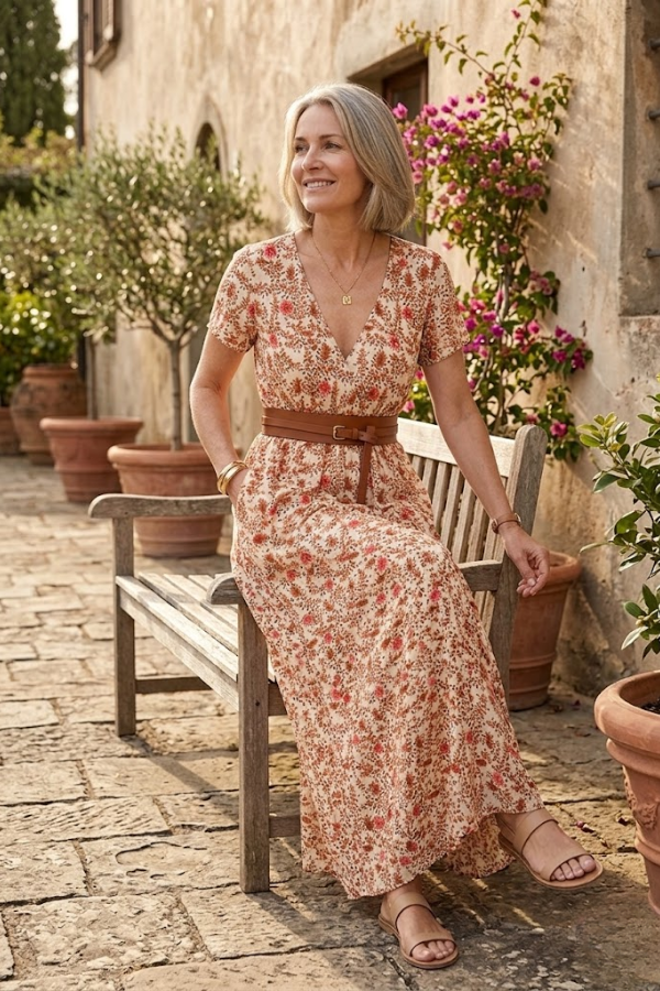 Floral Pleated Midi Dress V Neck Puff Sleeve Belted