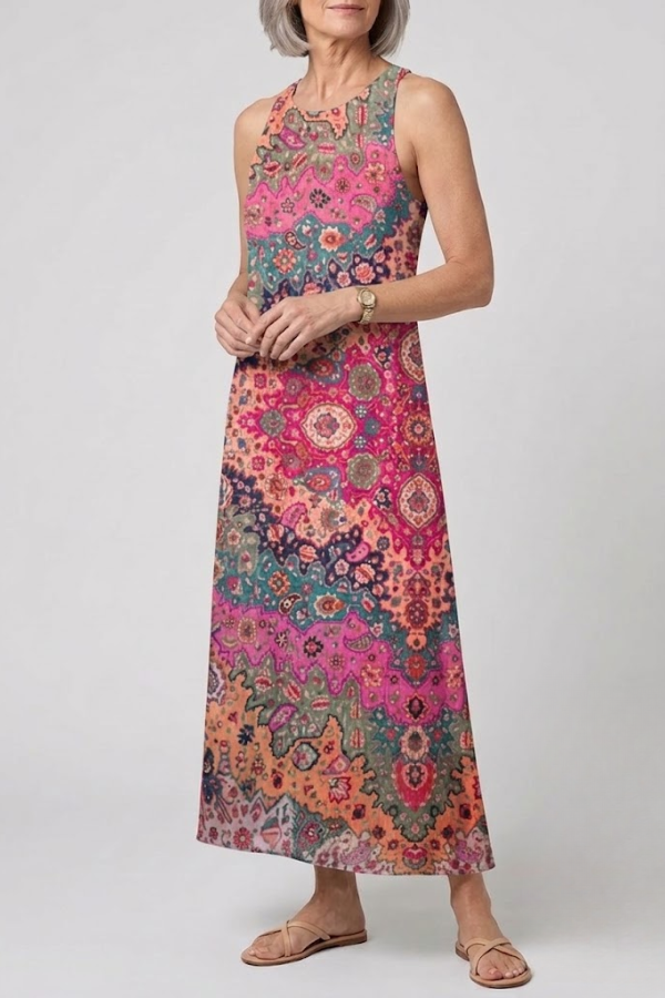 Bohemian Floral Midi Sundress Sleeveless With Pockets