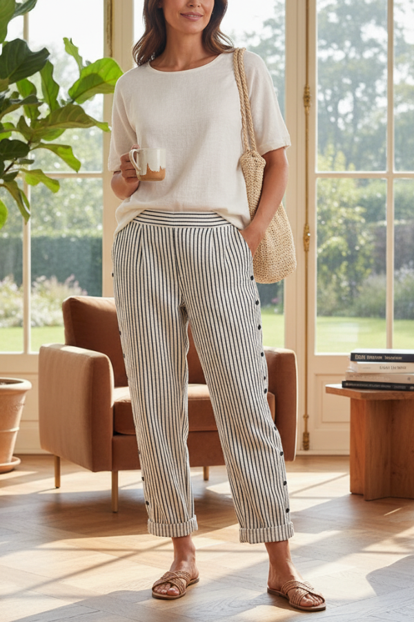 Womens Striped Wide Leg Trousers Button Detail Relaxed Fit