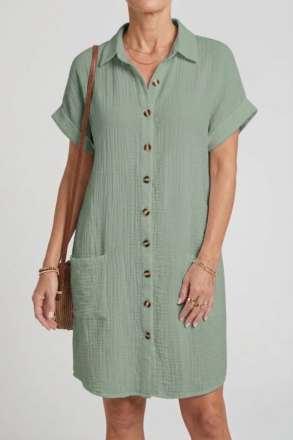 V Neck Mini Dress Three Quarter Sleeve Cotton Linen Blend