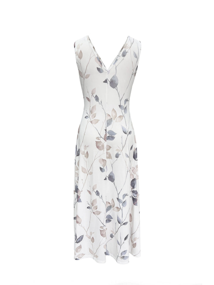 Plants Print Maxi Dress with V Neck and Frill Detail