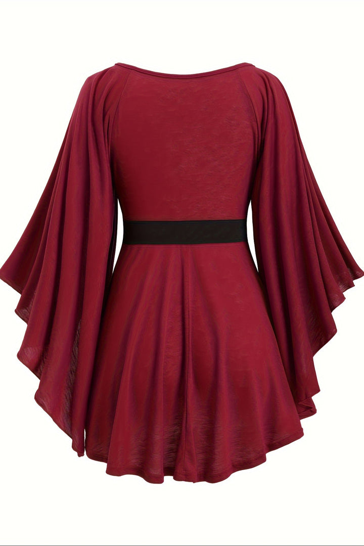 Heart Buckle Belted Plus Size Top with Irregular Hem and Long Sleeves