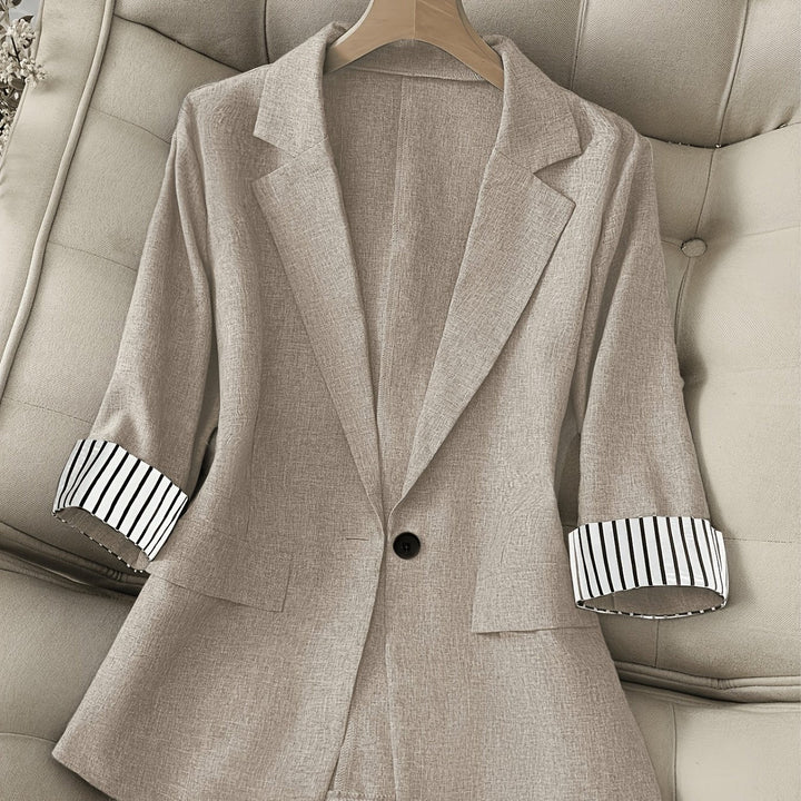 Patchwork Lapel Blazer with Single Button and Three Quarter Sleeves for Women