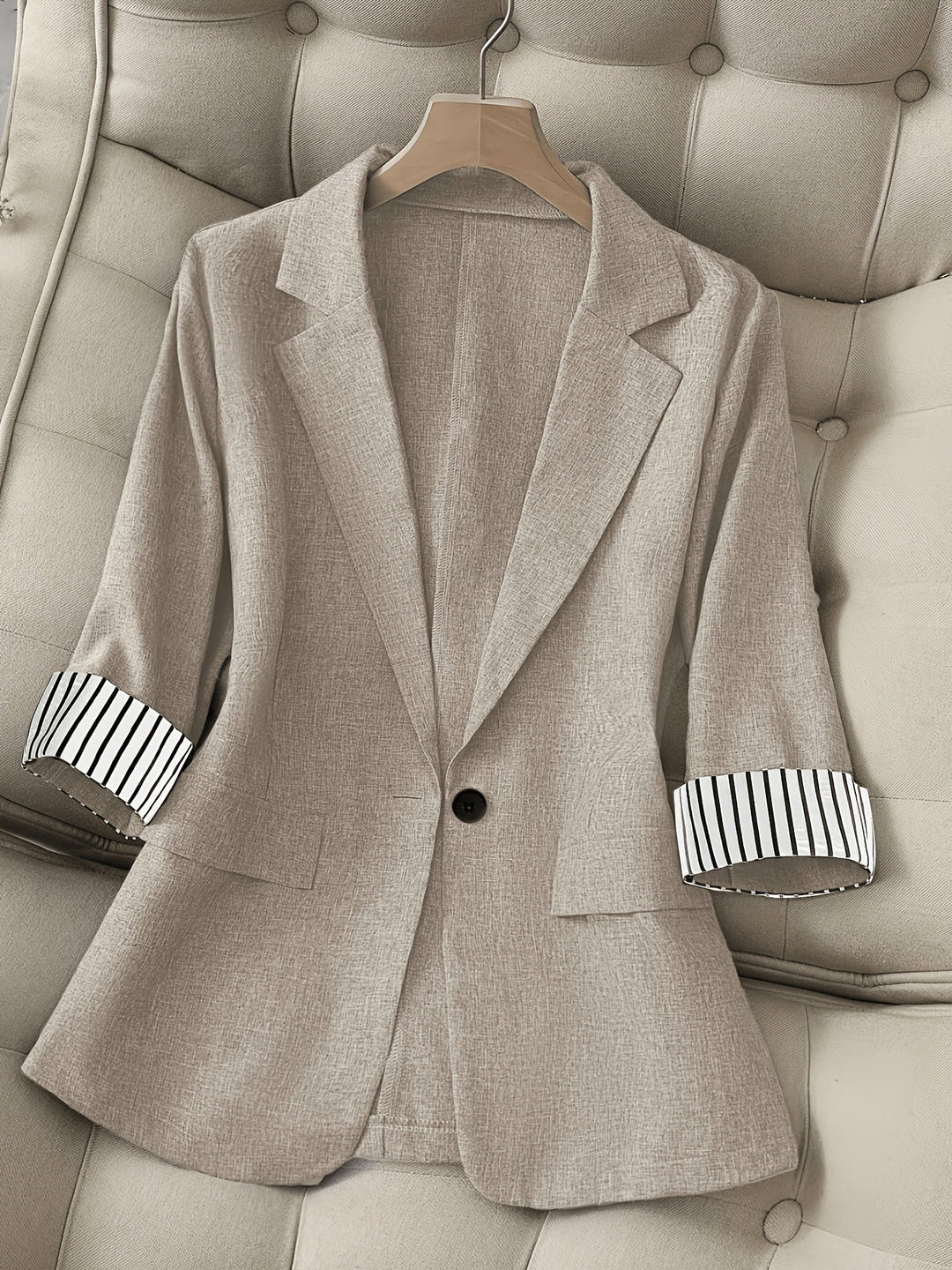 Patchwork Lapel Blazer with Single Button and Three Quarter Sleeves for Women