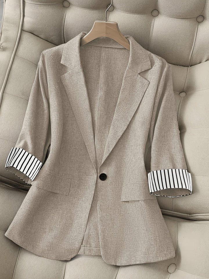 Patchwork Lapel Blazer with Single Button and Three Quarter Sleeves for Women