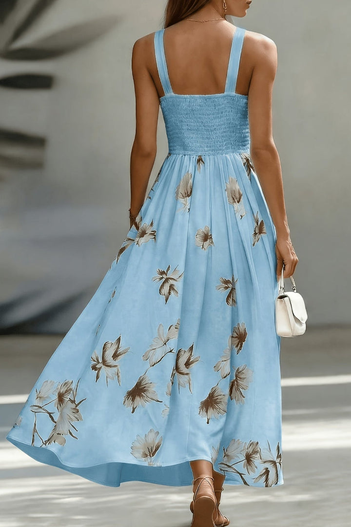 Shirred Midi Dress with V Neck and Cinched Waist