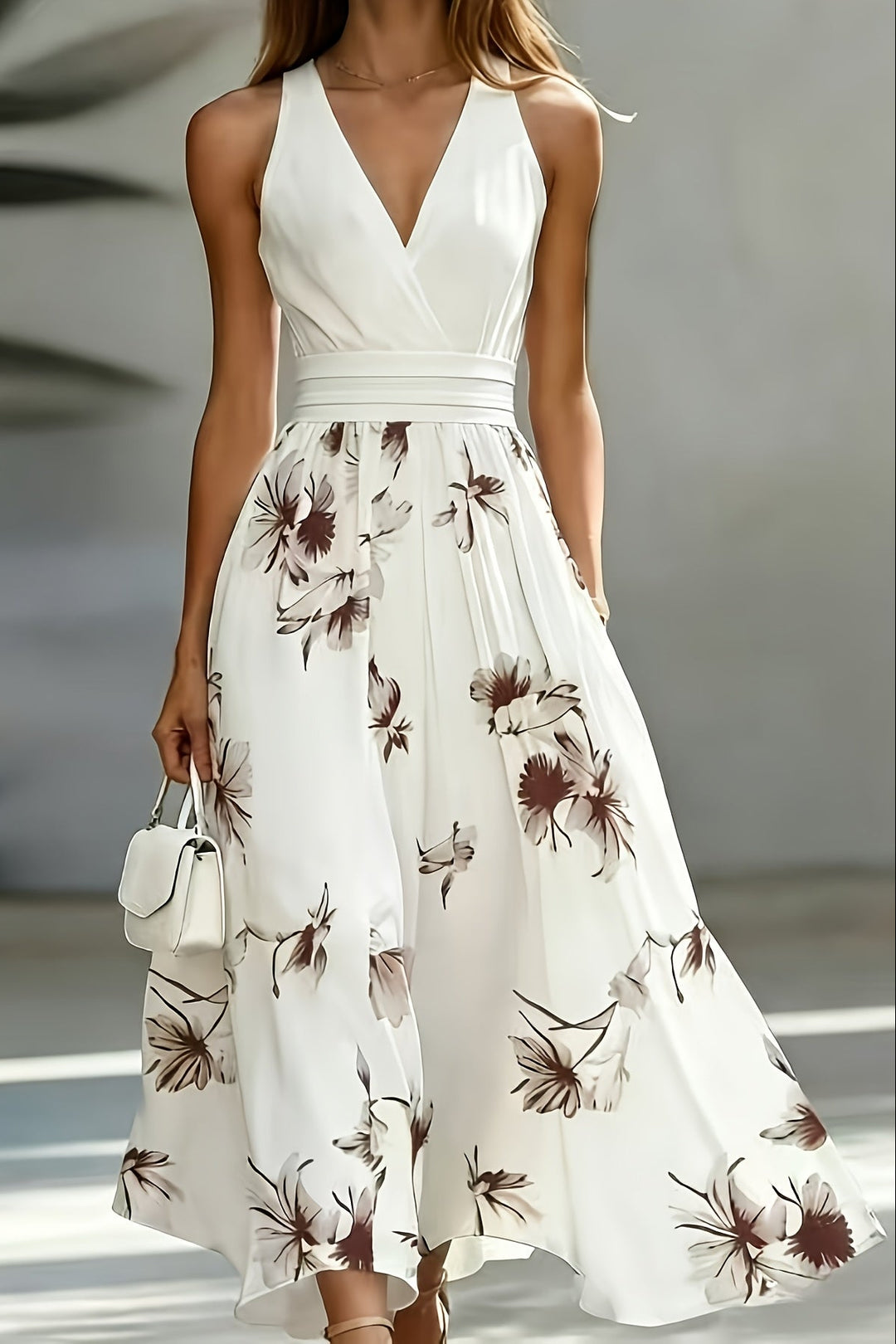 Shirred Midi Dress with V Neck and Cinched Waist