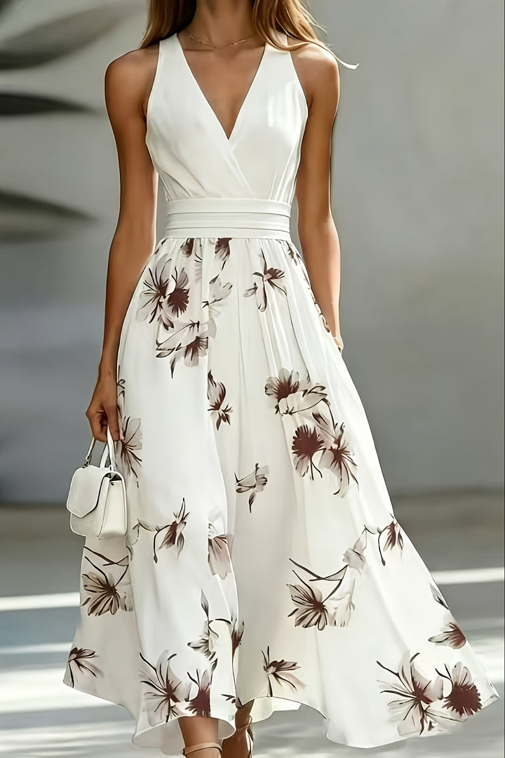 Shirred Midi Dress with V Neck and Cinched Waist