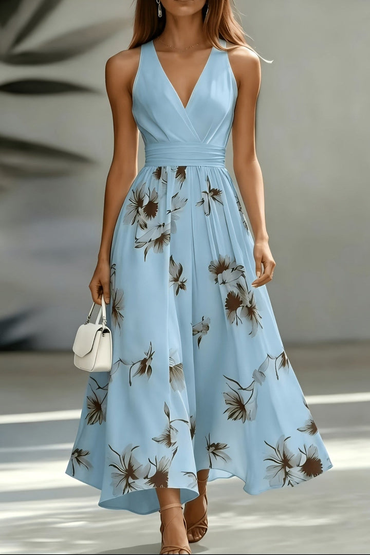 Shirred Midi Dress with V Neck and Cinched Waist