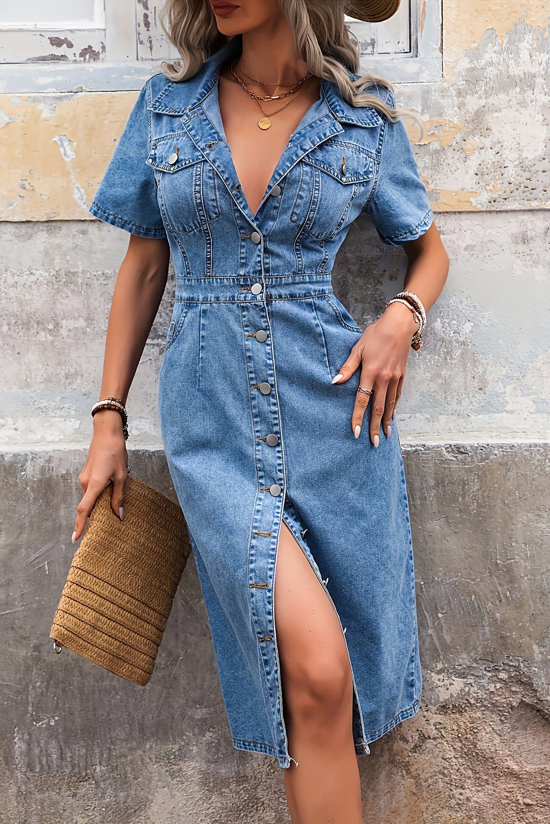 Denim Midi Dress with Short Sleeves and Button Front for Summer