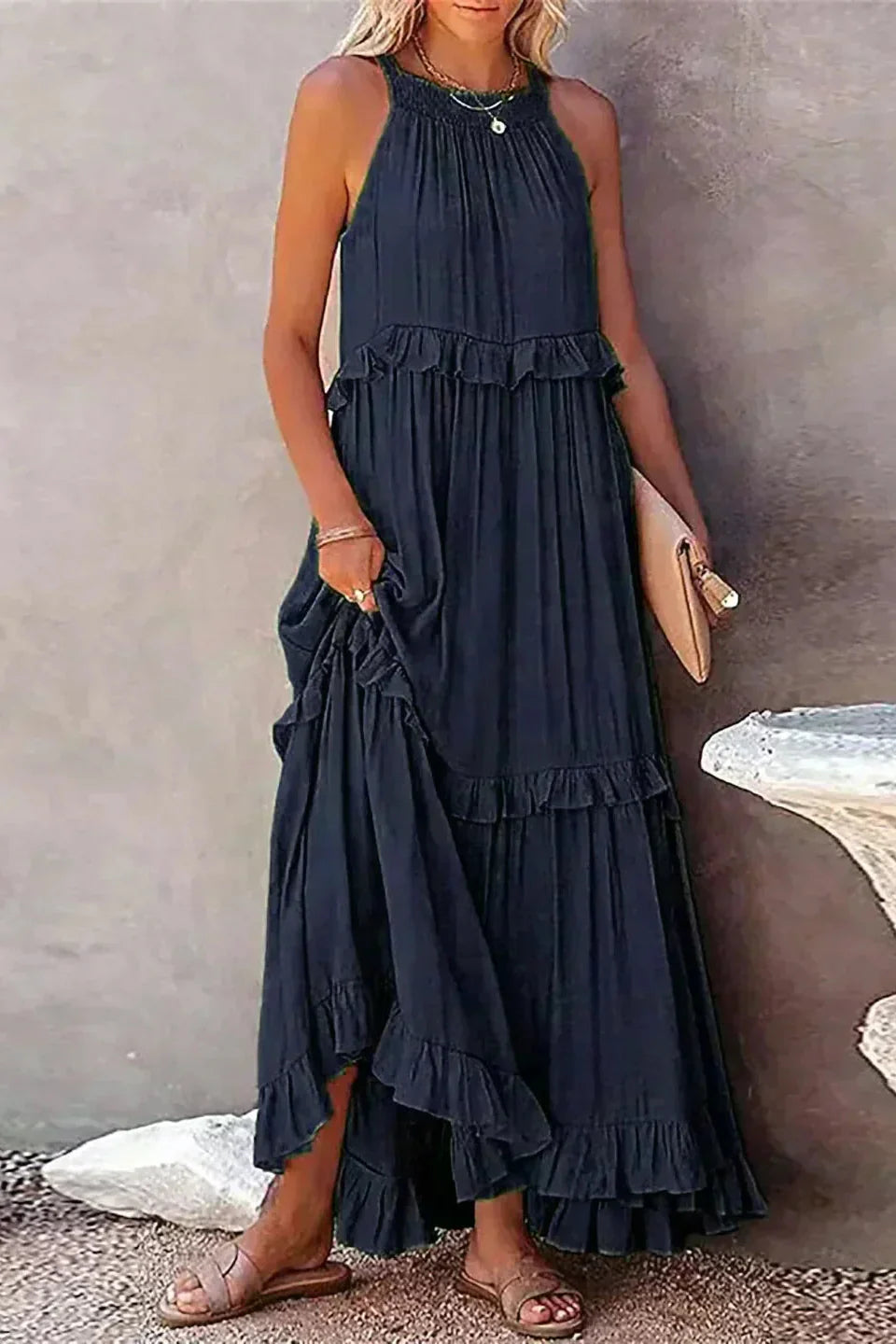 Elegant Sleeveless Dress with Ruffles detail view